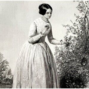 Parterre Garden Flowers Engraving 1859 Beautiful Victorian Woman Art DWY5E